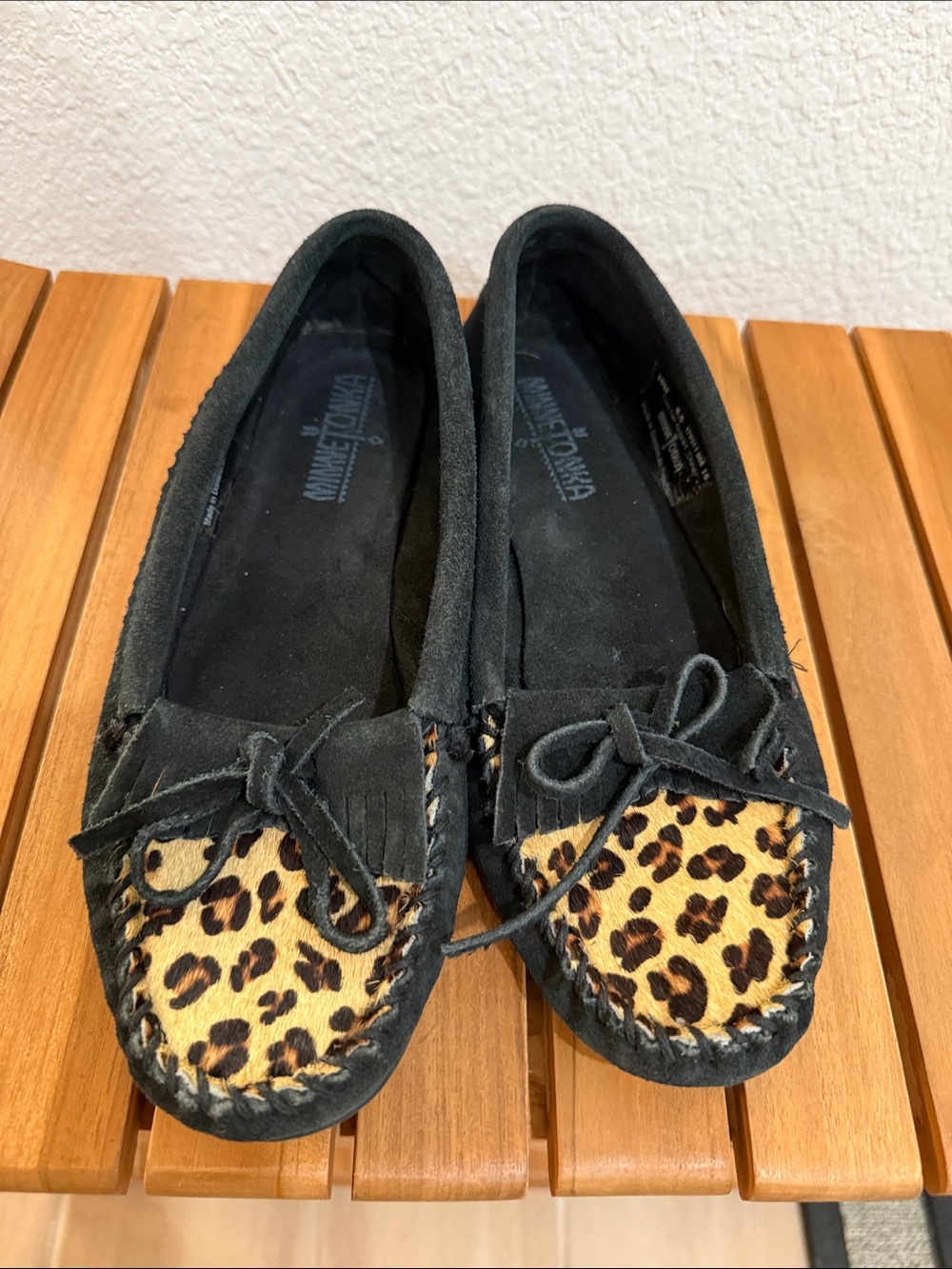 Minnetonka Black Kilty Suede Moccasins with Leopard Print Toe